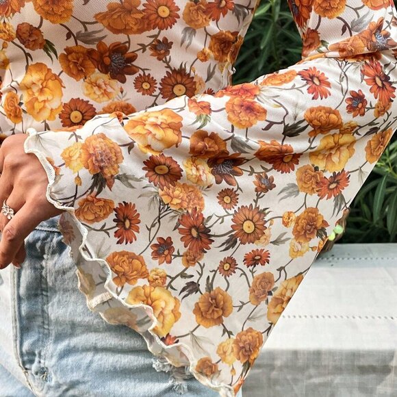 Multicolor Women's Stand Collar Floral Printed Bell Sleeve sheer Top - Picture 4 of 6